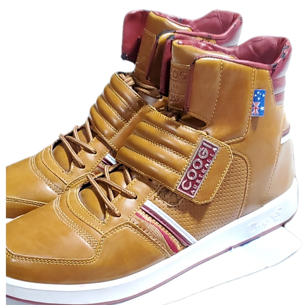 MEN'S COOGI HIGH TOP LEATHER LACE BROWN TAN CARAMEL RED AUSTRALIAN SHOES SIZE 11